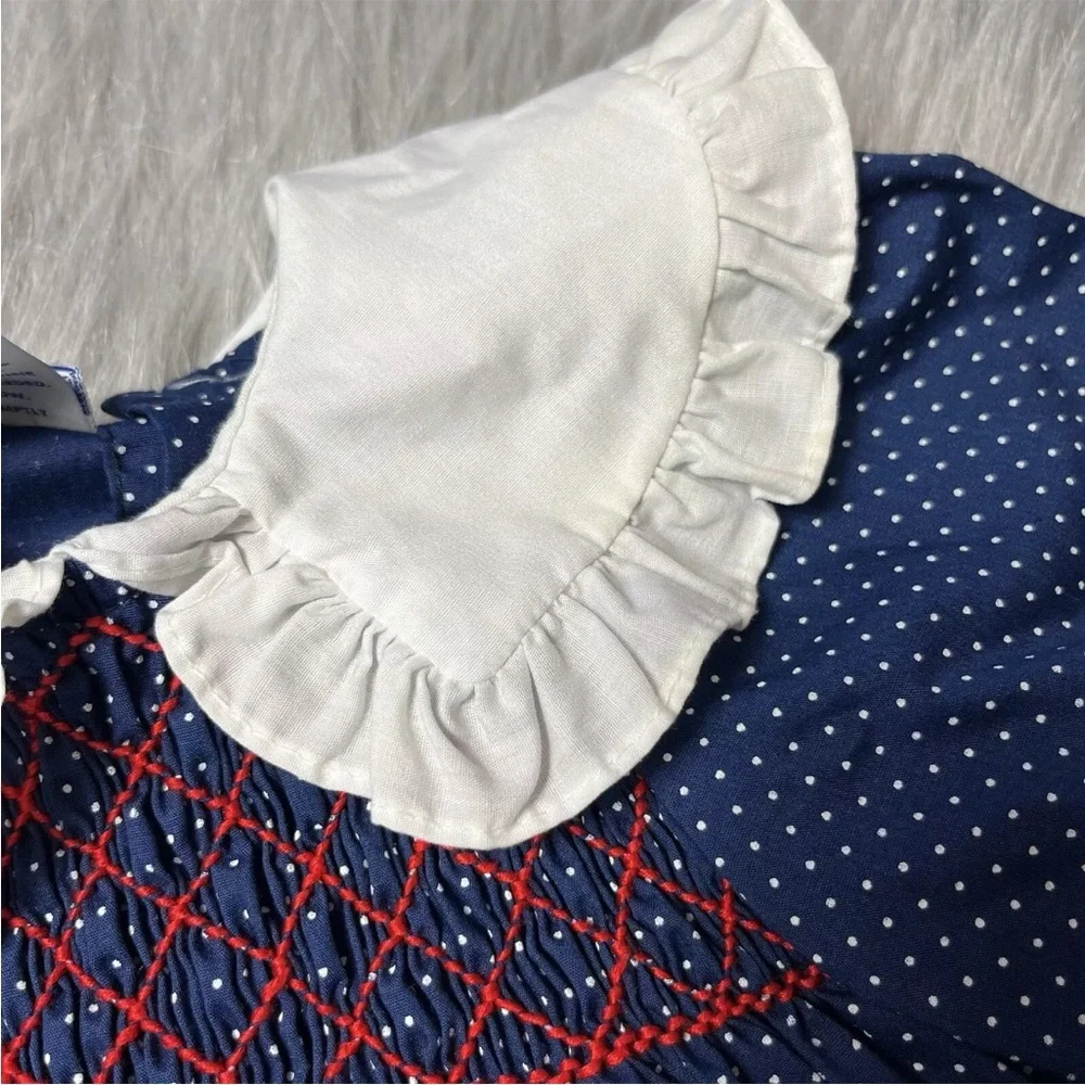 Vintage Polly Flinders Toddler Girls Dress Navy Red White Dot Smocked